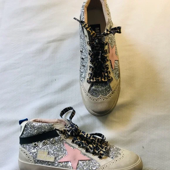 Golden goose mid star Silver Glitter High-Top Sneakers with Pink Star - Picture 6 of 16
